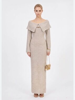 Blithe la Off-Shoulder Ribbed Maxi Sweater Dress in Beige size M NWOT